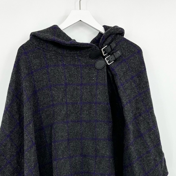 Ralph Lauren Wool Blend Windowpane Cape Poncho Gray Purple One Size - Picture 2 of 6